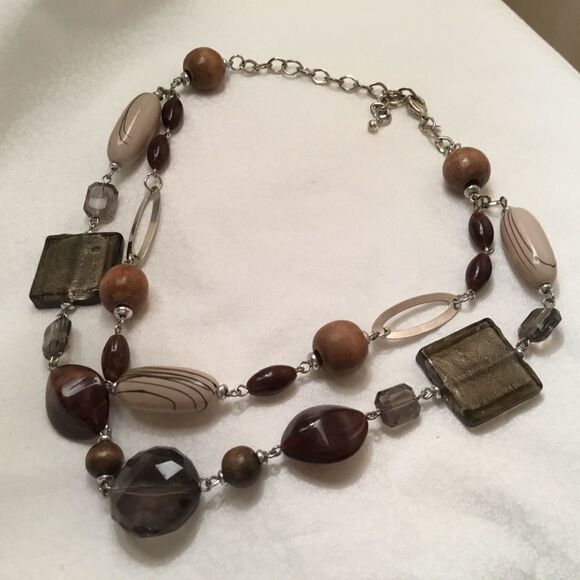 Browns and Cream Silvertone Two Strand Necklace - Picture 1 of 7
